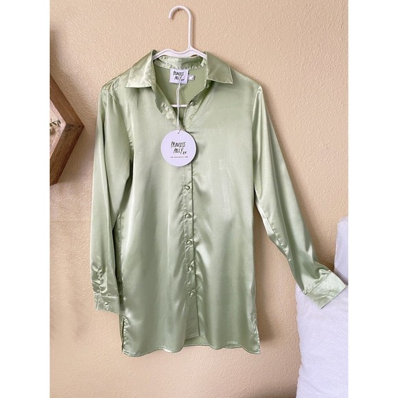 Princess Poly Satin Shirt Mini Dress In Sage Size 0 NWT - Picture 6 of 10